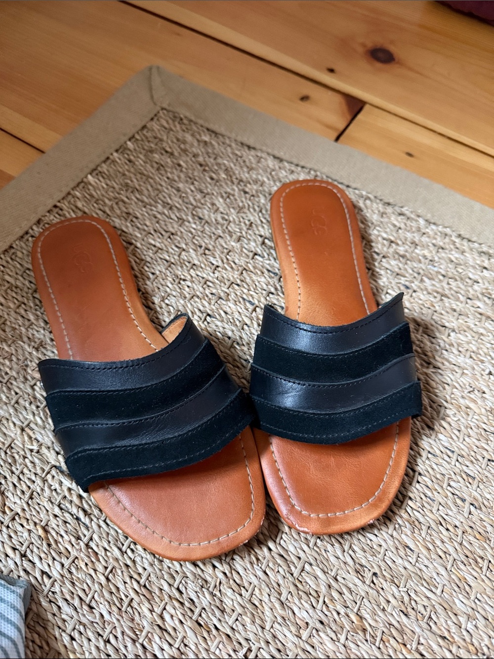 UGG Black Leather Slide Mules with Tan Footbed